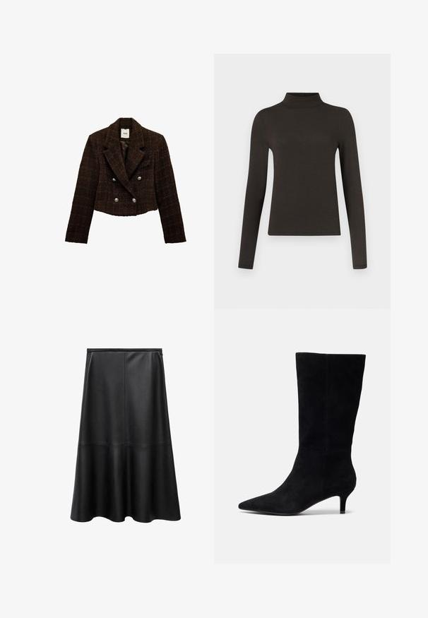 Bruin getweven cropped dubbelgebreid jack met een gekarteld kraag, zilveren knopen en een textuurafwerking. Gevoerd interieur in een effen kleur.; Langarm turtleneck top in donkerbruin, gemaakt van zachte stof met een aansluitend ontwerp en een minimalistische uitstraling. Geen patronen of accenten.; Zwarte leren rok in A-lijn, knie-lengte, gladde textuur, naaddetails, uitlopende zoom en onzichtbare rugrits sluiting.; Zwarte nubuck enkellaars met een spitse neus, slanke hak en een gladde textuur, met een aansluitende silhouet en geen zichtbare hardware.