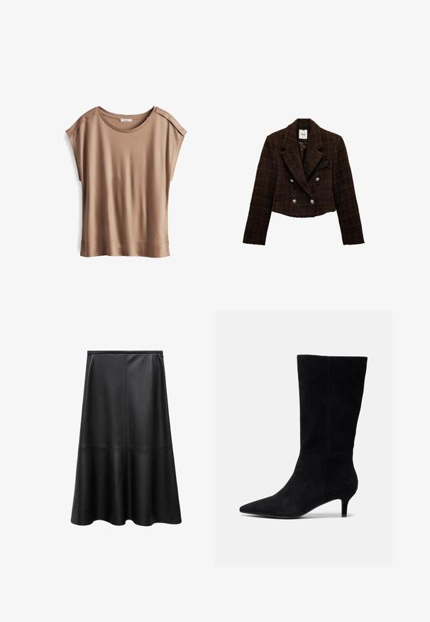 Bruin getweven cropped dubbelgebreid jack met een gekarteld kraag, zilveren knopen en een textuurafwerking. Gevoerd interieur in een effen kleur.; Bruine top met korte mouwen en een zachte, gladde textuur. Heeft een ronde halslijn en subtiele schoudernaaddetails.; Zwarte leren rok in A-lijn, knie-lengte, gladde textuur, naaddetails, uitlopende zoom en onzichtbare rugrits sluiting.; Zwarte nubuck enkellaars met een spitse neus, slanke hak en een gladde textuur, met een aansluitende silhouet en geen zichtbare hardware.