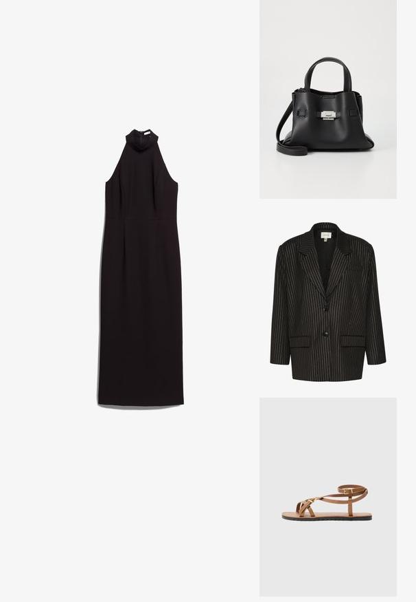 Blazer noir à rayures avec des lignes argentées, col cranté, deux poches avant, fermeture à deux boutons et coupe ajustée. Fini en tissu texturé.; Robe noire sans manches avec un col haut, un corsage ajusté et une silhouette droite. Fabriquée en tissu lisse avec une fermeture éclair au dos dissimulée.; Sandale en cuir marron avec un design à fines lanières, dotée d'une boucle dorée et d'une semelle noire plate avec un bord en zigzag.; Sac à main en cuir noir avec une finition texturée, doté de deux poignées supérieures, d'une bandoulière amovible et d'un détail de fermoir en argent.