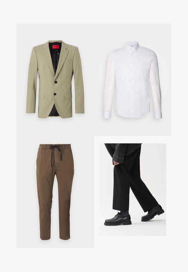Lichtgroene blazer met notch lapels, twee zwarte knopen en een borstzak. Voorzien van een contrasterende zwarte satijnen voering.; Witte lange mouwen overhemd met knopen, gemaakt van katoen, voorzien van een klassieke kraag, voorkant met knopen en minimale stikdetails.; Bruine, lichte broek met een elastische tailleband en trekkoord. Voorzien van zijzakken en een slim-fit ontwerp. Effen textuur.; Zwarte leren schoenen met een afgeronde neus, vetersluiting en een dikke, getextureerde zool. Draagt een gepaste zwarte broek en een geribbelde trui.