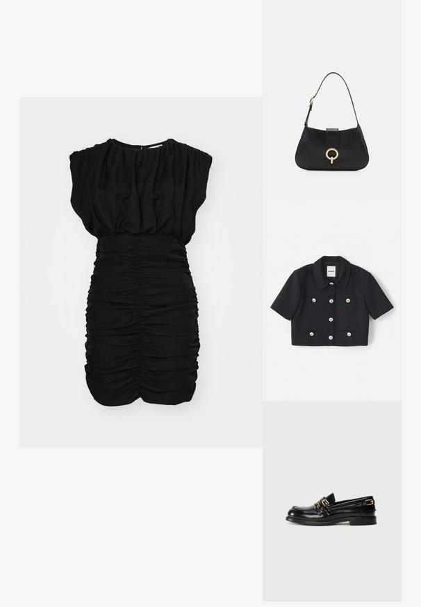 Juoda apykaklė, trumpa striukė su trumpomis rankovėmis, turinti keturias priekinės kišenes ir auksinės spalvos sagas. Pagaminta iš lygaus audinio.; Juoda suknelė su susiraukšlėjusiu tekstūru, trumpomis pūstomis rankovėmis ir raukšlėtumu juosmens srityje. Minkšta, lengva medžiaga, prigludusi silueto.; Juodos odinės loafer tipo bateliai su blizgiu paviršiumi, turi du auksinius užsegimus ir žemą kulną. Lygus paviršius su suapvalintu pirštu.; Juoda odinė rankinė su kreiva siluetu, trumpa rankena, centriniu auksinės spalvos apdailos elementu ir lygiomis tekstūromis. Nėra matomų raštų ar akcentų.