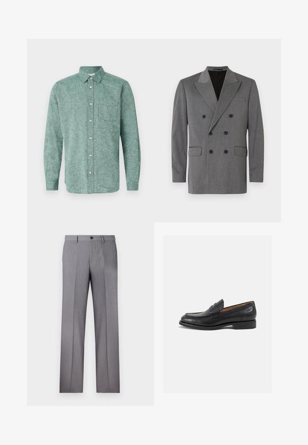 Jack & Jones PREMIUM JPRBUSHWICK ASHTON BLAZER - Blézerkabát - dark grey; GAP STANDARD - Ing - rain forest; Fehér, rövidujjú póló, laza szabással, kerek dekoltázzsal, sima pamut anyagból, díszítés nélküli hátrésszel, egyenes szegéllyel, minta és kiegészítők nélkül.; Szürke, szabott nadrág lapos elülső résszel, két oldalsó zsebbel és egy gombos zárral. Simább textúra finom csíkos mintával.; Fekete bőr loaferek sima felülettel, lekerekített orral és díszítő varrással a lábfejen. Alacsony, réteges sarkú és enyhe fényű.