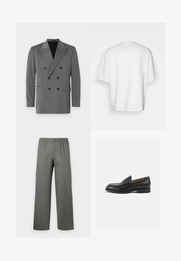 Jack & Jones PREMIUM JPRBUSHWICK ASHTON BLAZER - Švarkas - dark grey; Balta trumpa rankovėmis marškinėliai, laisvas kirpimas, apvalus iškirpimas, lygaus džinsinio audinio, nepuošta nugara, tiesiai kraštu, be raštų ar akcentų.; Pilkos lininės kelnes su laisvu siluetu, elastinga juosmeniu, sagos uždarymu ir tiesiomis kojomis. Lygus paviršius, minimalistiškas dizainas.; Juodi odiniai loafersai su lygiu paviršiumi, apvaliu pirštu ir dekoratyvine siūlė viršuje. Žemas sustiprintas kulnas ir lengvas blizgesys.