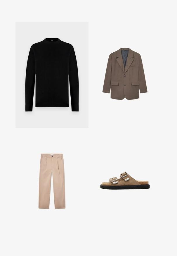Rjav karo blazer z odrezanimi klapami, dvema sprednjima žepoma, zapiranjem na en gumb in sivo podlogo. Teksturovana tkanina s prilagojenim krojem.; Črna dolga majica s kratkimi rokavi in okroglim izrezom, preproste enobarvne zasnove, z majhnim logotipom blagovne znamke znotraj ovratnika.; Khaki hlače iz bombaža s ravnim krojem, ki vključujejo dve sprednji žepu, gumbasto zapiranje in klasičen kroj.; Suede natikače v rjavi barvi z dvema nastavljivima srebrnima zaponkama, črnim teksturiranim podplatom in perforiranimi podrobnostmi na zgornjem delu.
