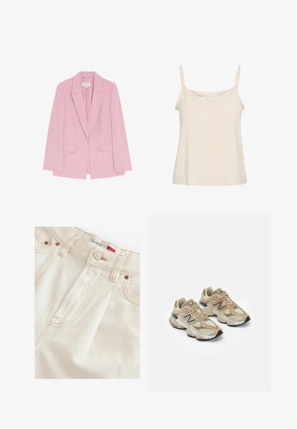 Blazer rosa realizzato in tessuto morbido, con rever a rotondo, due tasche frontali e maniche lunghe e larghe dal design minimalista.; Camisole beige chiaro realizzato in tessuto morbido, con sottili spalline regolabili e scollatura a V, dal fit leggermente rilassato.; Pantaloni color crema con una sottile texture, dotati di una chiusura con zip, accessori in bronzo e cuciture a contrasto lungo le cuciture e le tasche.; Sneaker beige realizzate in materiali mesh e suede. Presentano un logo nero e dettagli testurizzati. Suola intermedia spessa bianca e suola esterna in gomma nera.