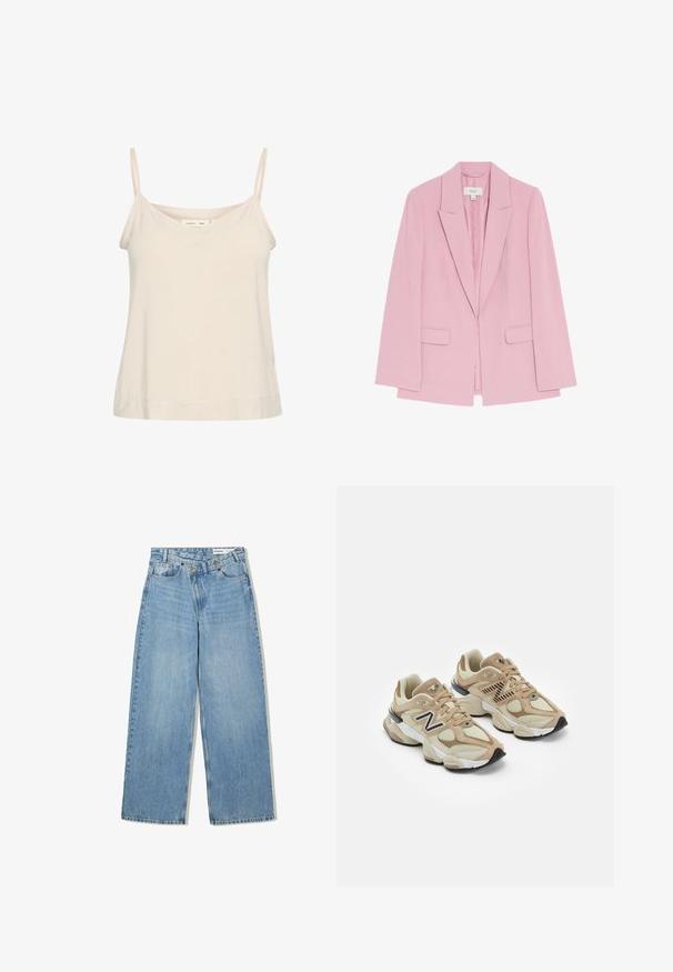 Różowy żakiet wykonany z gładkiego materiału, z klapami w kształcie litery V, dwoma przednimi kieszeniami oraz długimi, luźnymi rękawami o minimalistycznym wzornictwie.; Jasno beżowy top na ramiączkach wykonany z miękkiego materiału, z cienkimi regulowanymi ramiączkami i dekoltem w kształcie litery V, o delikatnie luźnym kroju.; Jasnoniebieskie dżinsy w szerokim kroju, wykonane z denimu, z podwyższonym stanem, pięcioma kieszeniami, zapięciem na guzik i subtelnym wyblaknięciem dla uzyskania tekstury.; Beżowe sneakersy z siateczki i zamszu. Zawierają czarne logo i teksturowane akcenty. Gruba biała środkowa podeszwa i czarna gumowa podeszwa.