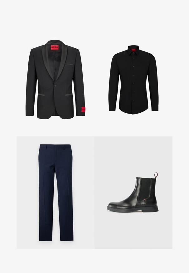 Fekete zakó selyem csúcsú hajtókákkal, egygombos záródás és két elülső zseb. A bal ujjon piros logóbélyeg található.; Fekete, hosszú ujjú ing gombos elülső részel, klasszikus gallérral és lekerekített aljjal; fekete gombokkal és egy piros logóval a gallér belsejében.; Sötétkék nadrág, testhez álló szabással, sima felülettel, éles gyűrődésekkel és lapos elülső dizájnnal. Rejtett cipzáras záródás.; Fekete bőr Chelsea csizma sima felülettel, elasztikus oldalsó panelekkel, húzófüllel és vastag gumitalppal a tapadásért és tartósságért.
