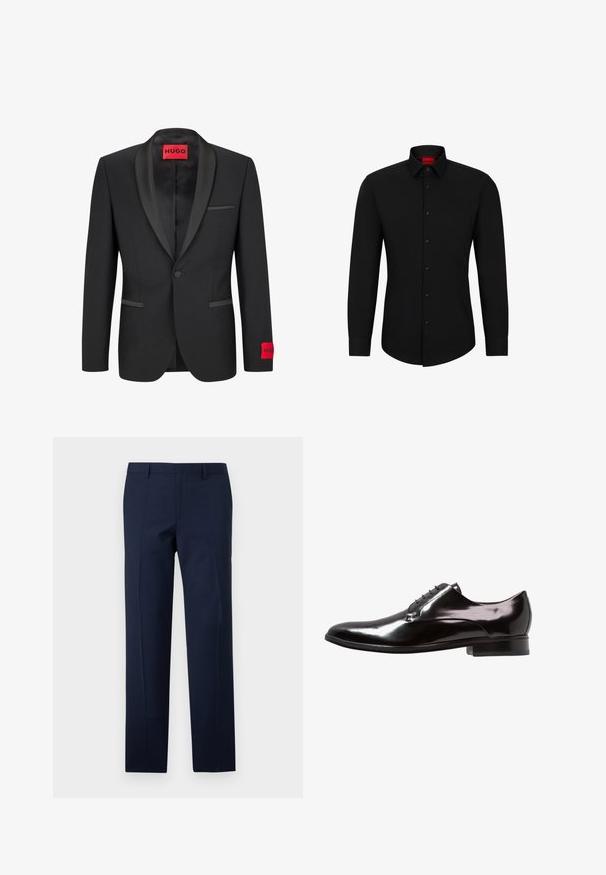 Črn blazer s satenskimi ovratniki v obliki vrhunca, zapiranje z enim gumbom in dvema sprednjima žepoma. Na levem rokavu ima rdečo oznako z logotipom.; Črna majica z dolgimi rokavi in sprednjim zapenjanjem, klasični ovratnik in zaokrožen rob; vsebuje črne gumbe in rdeč logotip znotraj ovratnika.; Mornarsko modri hlače s prilegajočim krojem, ki se ponašajo z gladko teksturo, ostrimi pregibi in ravnim sprednjim delom. Skrita zadrga za zapiranje.; Črne usnjene oblečne čevlje z visokim sijajem, s vezanjem, okroglim nosom in rahlo peto, ki vsebujejo minimalno okrasje.