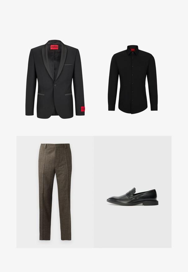 Blazer negro con solapas de satén, cierre de un botón y dos bolsillos frontales. Presenta una etiqueta de logo rojo en la manga izquierda.; Camisa negra de manga larga con botón frontal, cuello clásico y dobladillo redondeado; cuenta con botones negros y un logotipo rojo en el interior del cuello.; Los pantalones marrones de cuadros presentan un corte recto, pliegues frontales y trabillas para el cinturón. Están confeccionados con una tela texturizada con finas rayas.; Mocasines de piel negra con textura suave, punta afilada y un bajo tacón rectangular. Presentan un detalle de cinta horizontal en la parte superior.