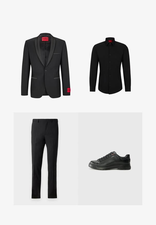 Juodas švarkas su satino apykaklėmis, vieno sagos užsegimu ir dviem priekinėmis kišenėmis. Kairėje rankovėje yra raudonas logotipas.; Juodas ilgomis rankovėmis marškinis su sagų užsegimu, klasikinė apykaklė ir apvalus kraštas; su juodomis sague ir raudona logo apykaklės viduje.; Juodos kelnės, pritaikytos prie kūno, su plokščiu priekiu, dviem klostėmis, diržo kilpomis ir lygiu paviršiumi. Nėra matomų raštų ar detalių.; Juodos odinės sportinės bateliai su tekstūruota viršutine dalimi, paminkštinta apykakle ir raudonu logotipo akcentu. Yra storas guminis padas su išskirtiniu protektoriaus raštu.