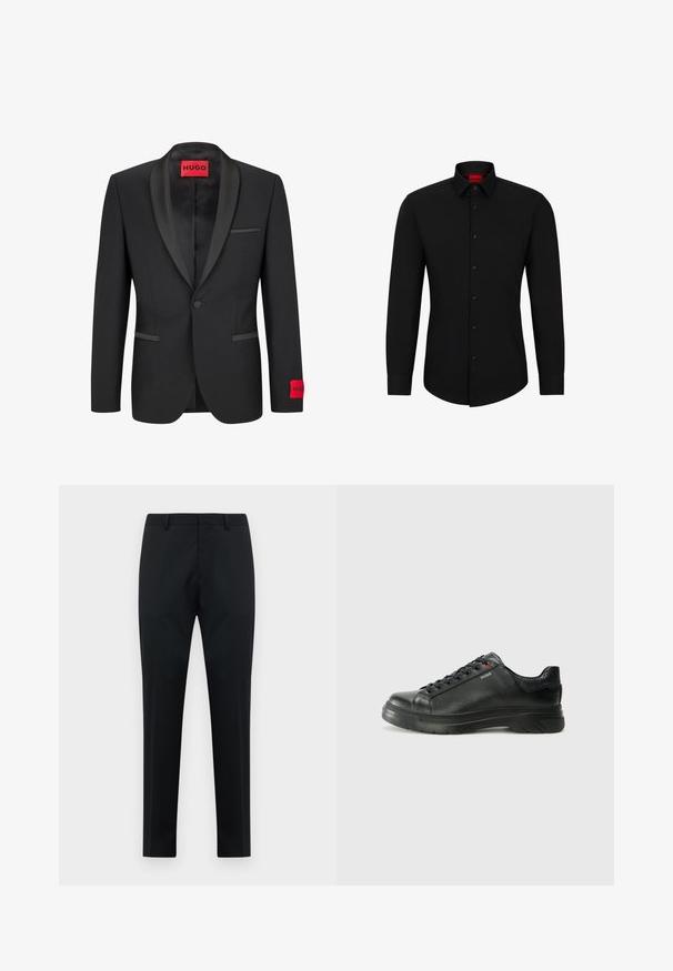 Črn blazer s satenskimi ovratniki v obliki vrhunca, zapiranje z enim gumbom in dvema sprednjima žepoma. Na levem rokavu ima rdečo oznako z logotipom.; Črna majica z dolgimi rokavi in sprednjim zapenjanjem, klasični ovratnik in zaokrožen rob; vsebuje črne gumbe in rdeč logotip znotraj ovratnika.; Moške formalne hlače v črni barvi, izdelane po meri, z zankami za pas, brez nabora spredaj in s straight nogavicami na beli podlagi.; Črne usnjene superge z teksturiranim zgornjim delom, podloženim ovratnikom in rdečim logotipom. Imajo debel gumijast podplat z izrazitim vzorcem.