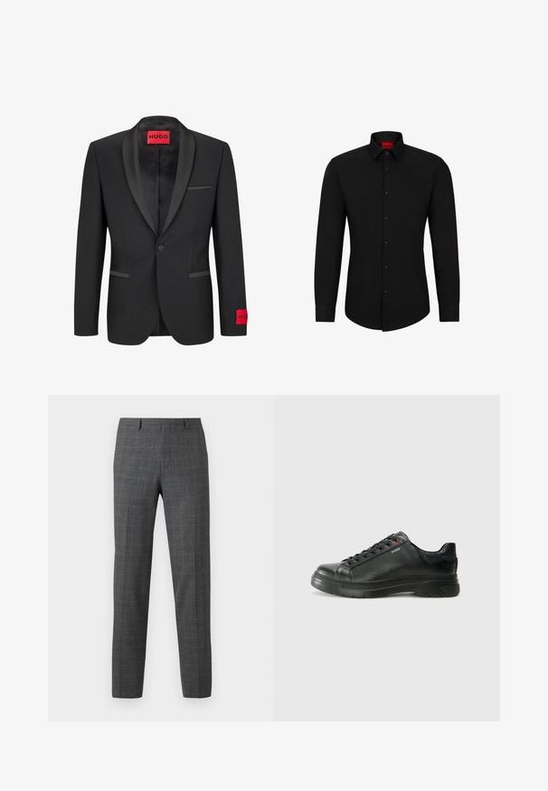 Musta bleiseri, jossa on satiininen huippuolkain, yksi nappisuljin ja kaksi etutaskua. Vasemmassa hihassa on punainen logotunnus.; Mustassa pitkähihaisessa paidassa on nappi edessä, klassinen kaulus ja pyöristetty helma; siinä on mustat napit ja punainen logo kauluksen sisäpuolella.; Harmaita ruutuleikkauksella varustettuja housuja, joissa on istuva malli, sileä pinta, suorat lahkeet ja huomaamattomat ompelu yksityiskohdat.; Musta nahkakengät, joissa on teksturoidun pinnan, pehmustettu kaulus ja punainen logo. Kengissä on paksu kumipohja, jossa on selkeä uramalli.