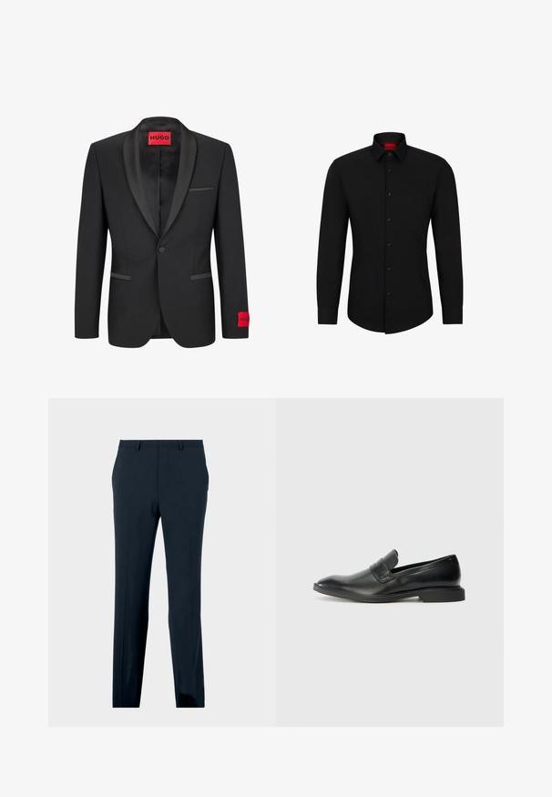 Black blazer with satin peaked lapels, single button closure, and two front pockets. Features red logo label on the left sleeve.; Black long-sleeve shirt with a button-up front, classic collar, and rounded hem; features black buttons and a red logo inside the collar.; Navy blue formal trousers with belt loops, front pockets, and a straight-leg cut, displayed on a plain background.; Black leather loafers with a smooth texture, pointed toe, and a low rectangular heel. Features horizontal strap detail across the upper.