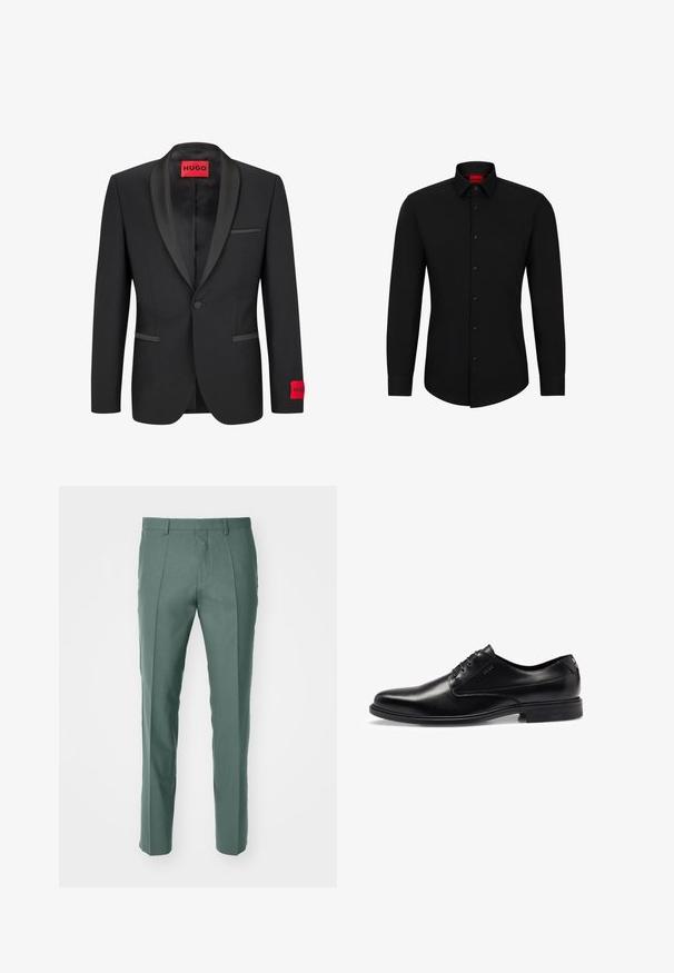 Melns žakets ar satīna uzgaļa atlokiem, viens pogas aizvērums un divas priekšējās kabatas. Uz kreisā piedurknes atrodas sarkans logo marķējums.; Melnas garām piedurknēm krekls ar pogājamām frontālajām pogām, klasisku apkakli un noapaļotu apakšmalu; satur melnas pogas un sarkanu logo apkakles iekšpusē.; Pielāgotas bikses bālganzaļā krāsā, izgatavotas no teksturēta auduma, ar taisnām kājām un smalkām priekšējām krokām.; Melnas ādas līdzsvaru kurpes ar gludu apdari, piesaistīts dizains, noapaļota purngala forma un maigas šuvju detaļas. Aprīkotas ar melnu gumijas zoli.