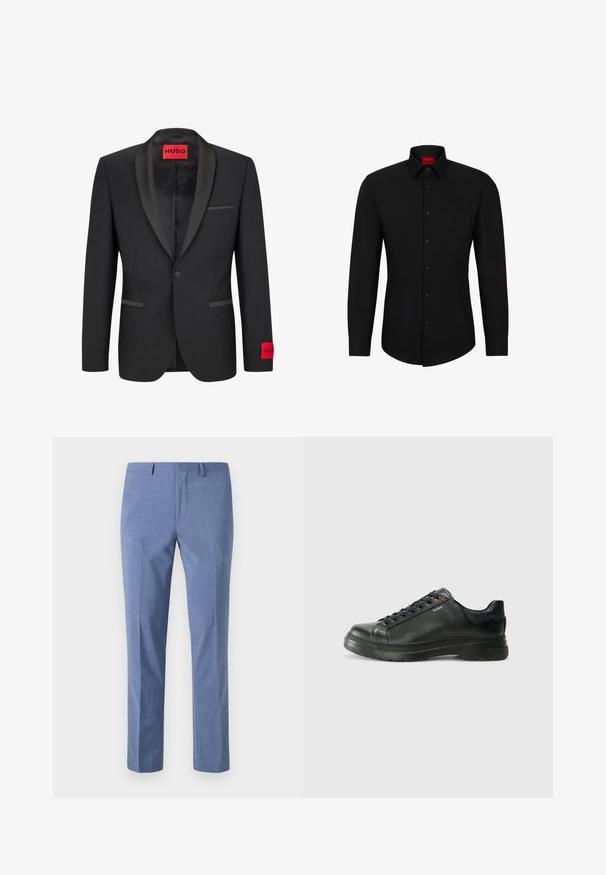 Juodas švarkas su satino apykaklėmis, vieno sagos užsegimu ir dviem priekinėmis kišenėmis. Kairėje rankovėje yra raudonas logotipas.; Juodas ilgomis rankovėmis marškinis su sagų užsegimu, klasikinė apykaklė ir apvalus kraštas; su juodomis sague ir raudona logo apykaklės viduje.; Šviesiai mėlynos kelnės, pritaikytos pagal figūrą, tekstūruota medžiaga, plokščias priekis, šoninės kišenės su įstrižais kraštais ir lygi juosmens juosta su diržo kilputėmis.; Juodos odinės sportinės bateliai su tekstūruota viršutine dalimi, paminkštinta apykakle ir raudonu logotipo akcentu. Yra storas guminis padas su išskirtiniu protektoriaus raštu.