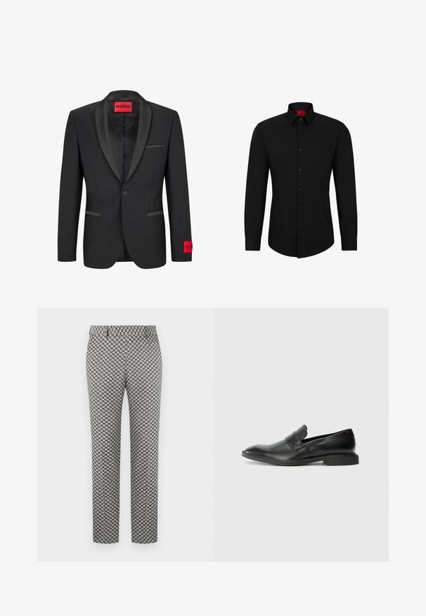 Črn blazer s satenskimi ovratniki v obliki vrhunca, zapiranje z enim gumbom in dvema sprednjima žepoma. Na levem rokavu ima rdečo oznako z logotipom.; Črna majica z dolgimi rokavi in sprednjim zapenjanjem, klasični ovratnik in zaokrožen rob; vsebuje črne gumbe in rdeč logotip znotraj ovratnika.; Hlače v črno-belem houndstooth vzorcu, ravne noge, z gladko teksturo in standardnim pasom.; Črne usnjene loafer čevlje z gladko teksturo, koničastim nosom in nizkim pravokotnim peto. Imajo horizontalno trakasto podrobnost čez zgornji del.