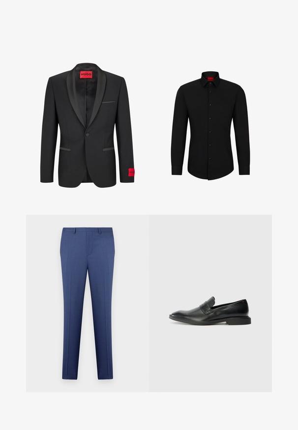 Blazer preto com lapelas satin em pico, fecho de um único botão e dois bolsos frontais. Apresenta um rótulo com o logo vermelho na manga esquerda.; Camisa preta de mangas compridas com frente de botões, colarinho clássico e hemograma arredondado; possui botões pretos e um logótipo vermelho dentro do colarinho.; Calças de fato masculinas em azul, com passantes para cinto, fecho frontal e detalhes de vinco, apresentadas sobre um fundo branco.; Mocassins de couro pretos com uma textura suave, ponta afiada e um salto retangular baixo. Apresentam um detalhe de faixa horizontal na parte superior.