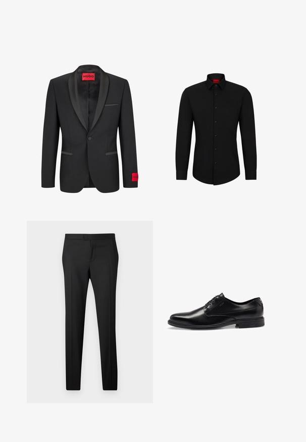 Zwarte blazer met satijnen piek revers, enkele knoopsluiting en twee voorzakken. Voorzien van een rood logo etiket op de linker mouw.; Zwarte blouse met lange mouwen, knoopsluiting aan de voorkant, klassieke kraag en ronde onderkant; voorzien van zwarte knopen en een rood logo binnenin de kraag.; Zwarte tailor-made broek met een rechte pasvorm, gemaakt van gladde stof. Voorzien van een vlakke voorkant, riemlussen en geen zichtbare patronen of versieringen.; Zwarte leren dresschoenen met een gladde afwerking, vetersluiting, ronde neus en subtiele stiksels. Beschikt over een zwarte rubberen zool.