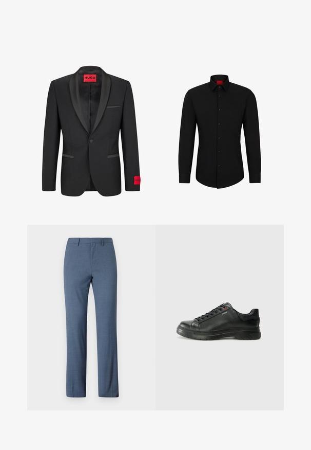 Črn blazer s satenskimi ovratniki v obliki vrhunca, zapiranje z enim gumbom in dvema sprednjima žepoma. Na levem rokavu ima rdečo oznako z logotipom.; Črna majica z dolgimi rokavi in sprednjim zapenjanjem, klasični ovratnik in zaokrožen rob; vsebuje črne gumbe in rdeč logotip znotraj ovratnika.; Hlače iz svetlo modrega blaga z gladko teksturo, s klasičnim krojem, dvema sprednjima žepoma in ravnim sprednjim dizajnom.; Črne usnjene superge z teksturiranim zgornjim delom, podloženim ovratnikom in rdečim logotipom. Imajo debel gumijast podplat z izrazitim vzorcem.