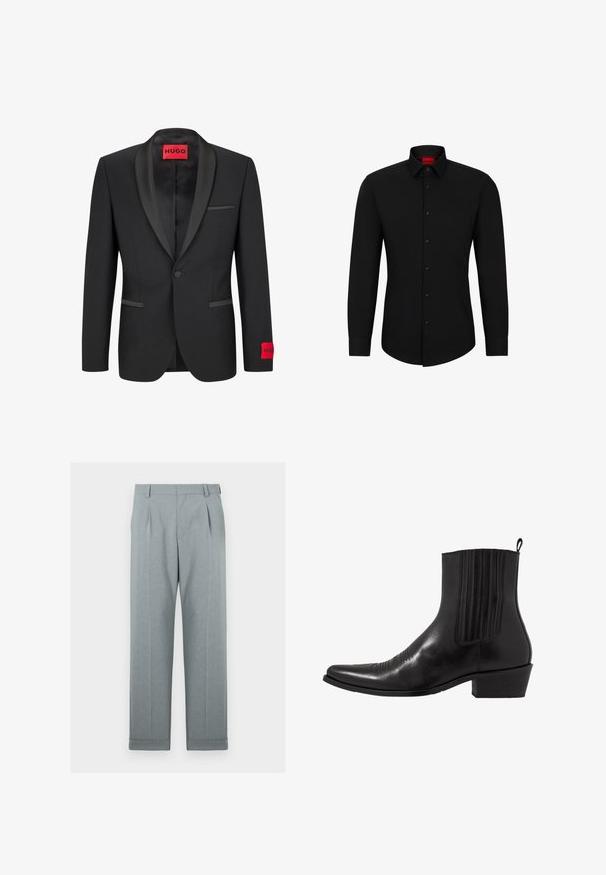 Črn blazer s satenskimi ovratniki v obliki vrhunca, zapiranje z enim gumbom in dvema sprednjima žepoma. Na levem rokavu ima rdečo oznako z logotipom.; Črna majica z dolgimi rokavi in sprednjim zapenjanjem, klasični ovratnik in zaokrožen rob; vsebuje črne gumbe in rdeč logotip znotraj ovratnika.; Svetlo sivi hlače iz teksturiranega blaga s ravnim krojem, enojno pregibom in obrobnimi robovi. Minimalističen in krojen videz.; Črne usnjene gležnjarje s koničastim nosom, elastičnimi stranskimi paneli, navpičnimi šivi in nizko blokasto peto.