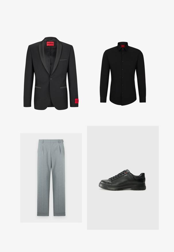 Juodas švarkas su satino apykaklėmis, vieno sagos užsegimu ir dviem priekinėmis kišenėmis. Kairėje rankovėje yra raudonas logotipas.; Juodas ilgomis rankovėmis marškinis su sagų užsegimu, klasikinė apykaklė ir apvalus kraštas; su juodomis sague ir raudona logo apykaklės viduje.; Šviesiai pilkos kelnės, pagamintos iš tekstūruoto audinio, tiesaus kirpimo, su vienu klostėmis ir apykaklės kraštais. Minimalistinis ir pritaikytas įvaizdis.; Juodos odinės sportinės bateliai su tekstūruota viršutine dalimi, paminkštinta apykakle ir raudonu logotipo akcentu. Yra storas guminis padas su išskirtiniu protektoriaus raštu.