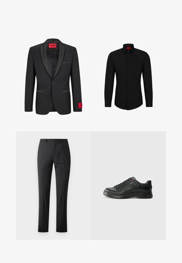 Black blazer with satin peaked lapels, single button closure, and two front pockets. Features red logo label on the left sleeve.; Black long-sleeve shirt with a button-up front, classic collar, and rounded hem; features black buttons and a red logo inside the collar.; Tailored dark gray trousers with a smooth texture, slim fit, flat front, and standard waistband. Features pressed creases and no visible patterns.; Black leather sneaker with textured upper, padded collar, and red logo detail. Features a thick rubber sole with distinct tread pattern.