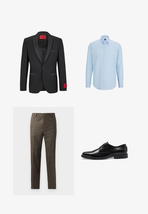 Black blazer with satin peaked lapels, single button closure, and two front pockets. Features red logo label on the left sleeve.; Light blue long-sleeve dress shirt made of smooth fabric, featuring a button-down front, pointed collar, and regular fit.; Plaid brown trousers feature a straight cut, front pleats, and belt loops. Made from textured fabric with thin pinstripes.; Black leather dress shoe with a smooth finish, lace-up design, rounded toe, and subtle stitching details. Features a black rubber sole.