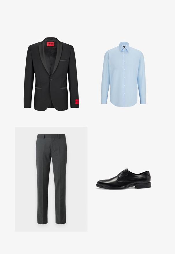 Blazer negro con solapas de satén, cierre de un botón y dos bolsillos frontales. Presenta una etiqueta de logo rojo en la manga izquierda.; Camisa de dress de manga larga de color azul claro, hecha de una tela suave, con un cierre de botones en la parte delantera, cuello puntiagudo y corte regular.; Pantalones ajustados de color gris oscuro fabricados en un textil suave. Presentan perneras rectas, un frente plano y pasadores para cinturón. Sin patrones ni acentos visibles.; Zapato de vestir negro de cuero con un acabado liso, diseño con cordones, puntera redonda y sutiles detalles de costura. Cuenta con una suela de goma negra.