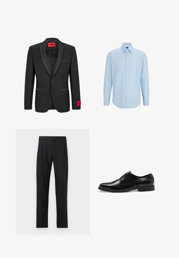 Blazer noir avec revers en satin, fermeture à un bouton et deux poches avant. Présente un label logo rouge sur la manche gauche.; Chemise de dress bleu clair à manches longues, en tissu lisse, dotée d'une fermeture à boutons, d'un col pointu et d'une coupe classique.; Pantalons droits noirs au texture lisse, avec deux plis à l'avant et une taille plate. Pas de matériel ou d'accents visibles.; Chaussure habillée en cuir noir avec une finition lisse, un design à lacets, un bout arrondi et des détails de couture subtils. Elle se distingue par sa semelle en caoutchouc noire.