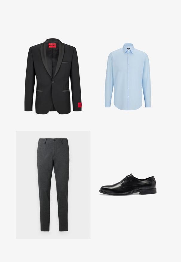 Sort blazer med satinspidse lapeller, enkelt knaplukning og to frontlommer. Har rød logoetiket på venstre ærme.; Lyseblå langærmet skjorte lavet af glat stof, med knaplukning foran, spids krave og normal pasform.; Mørkegrå bukser lavet af et struktureret stof. Tætsiddende design med lige ben, med en enkelt knaplukning og bæltesløjfer.; Sorte læder dress sko med en glat overflade, snørebåndsdesign, rundt tå og subtile syninger. Har en sort gummisål.