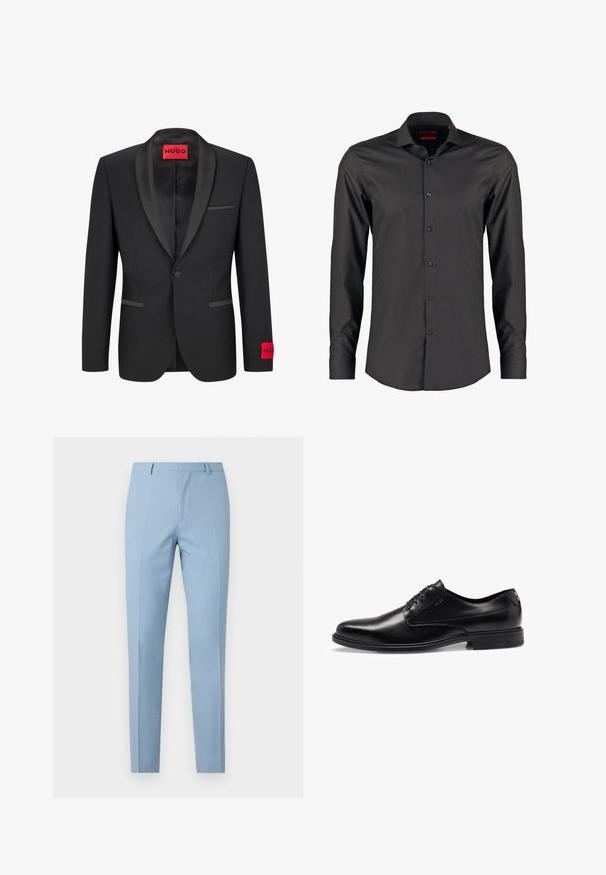 Melns žakets ar satīna uzgaļa atlokiem, viens pogas aizvērums un divas priekšējās kabatas. Uz kreisā piedurknes atrodas sarkans logo marķējums.; Melns garām piedurknēm krekls ar šauru piegriezumu, izgatavots no gludas auduma. Aprīkots ar smailu apkakli un sešiem pogām pa priekšu.; Gai zili bikses ar šauru piegriezumu, gludu tekstūru, krokām priekšpusē, pieguļošu jostas vietu un jostas cilpām. Nav redzamu kabatu.; Melnas ādas līdzsvaru kurpes ar gludu apdari, piesaistīts dizains, noapaļota purngala forma un maigas šuvju detaļas. Aprīkotas ar melnu gumijas zoli.