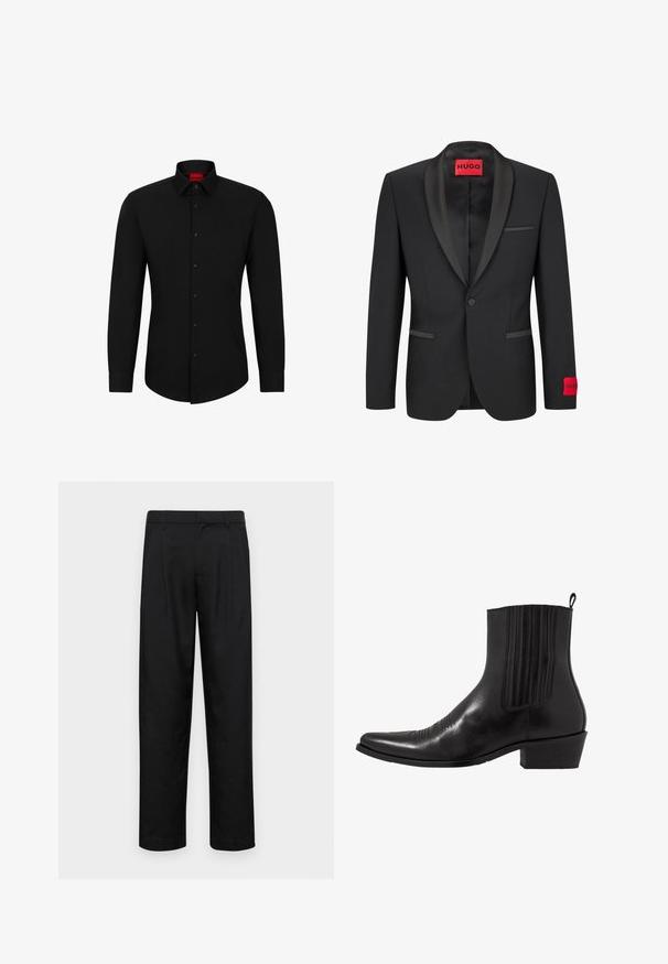Schwarze Blazer mit satinierter Reverskragen, Ein-Knopfschluss und zwei Fronttaschen. Mit rotem Logolabel am linken Ärmel.; Schwarzes Langarmhemd mit Knopfleiste, klassischem Kragen und abgerundetem Saum; verfügt über schwarze Knöpfe und ein rotes Logo im Kragen.; Schwarze Hose aus glattem Stoff, mit geradem Bein Design, zwei vorderen Falten und einem Standardbund mit Gürtelschlaufen.; Schwarze Leder- ankle boot mit spitzem Zehenbereich, elastischen Seitenpaneelen, vertikalen Steppnähten und einem niedrigen Blockabsatz.