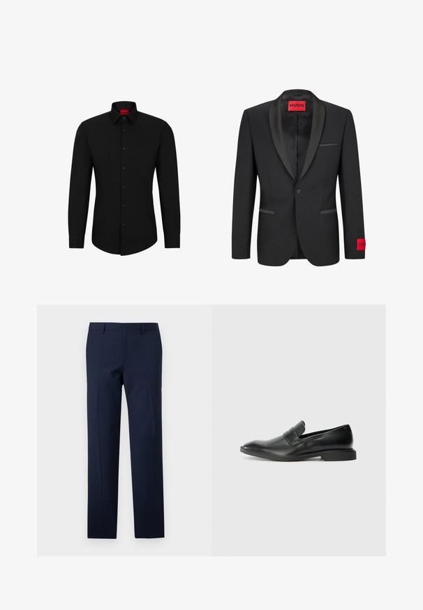 Černý blejzr se saténovými špičatými klopami, zapínání na jeden knoflík a dvěma předními kapsami. Obsahuje červenou logovou etiketu na levém rukávu.; Černá košile s dlouhým rukávem a zapínáním na knoflíky, klasickým límcem a zaobleným spodním lemem; má černé knoflíky a červené logo uvnitř límce.; Námořnické modré kalhoty s přiléhavým střihem, se hladkým povrchem, ostrými záhyby a plochým předním designem. Skrytý zip jako zapínání.; Černé kožené mokasíny s hladkým povrchem, špičatou špičkou a nízkým obdélníkovým podpatkem. Obsahují horizontální páskový detail přes svršek.