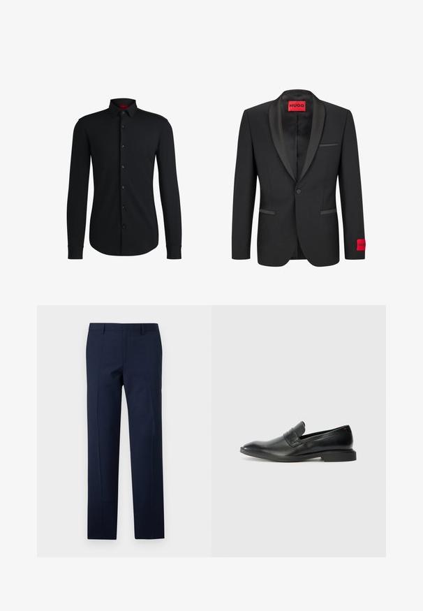 Sacou negru cu rever satin, închis cu un singur nasture și două buzunare frontale. Prezentă eticheta cu logo roșu pe mâneca stângă.; Cămașă neagră cu mânecă lungă, guler cu nasturi, nasturi frontali lustruiți și croială structurat, realizată dintr-un material neted și ușor.; Pantaloni bleumarin cu o croială ajustată, având o textură netedă, plisuri ascuțite și un design cu față plată. Închidere cu fermoar ascuns.; Loaferi negri din piele, cu o textură netedă, vârf ascuțit și toc rectangular jos. Oferă un detaliu cu curea orizontală pe partea superioară.