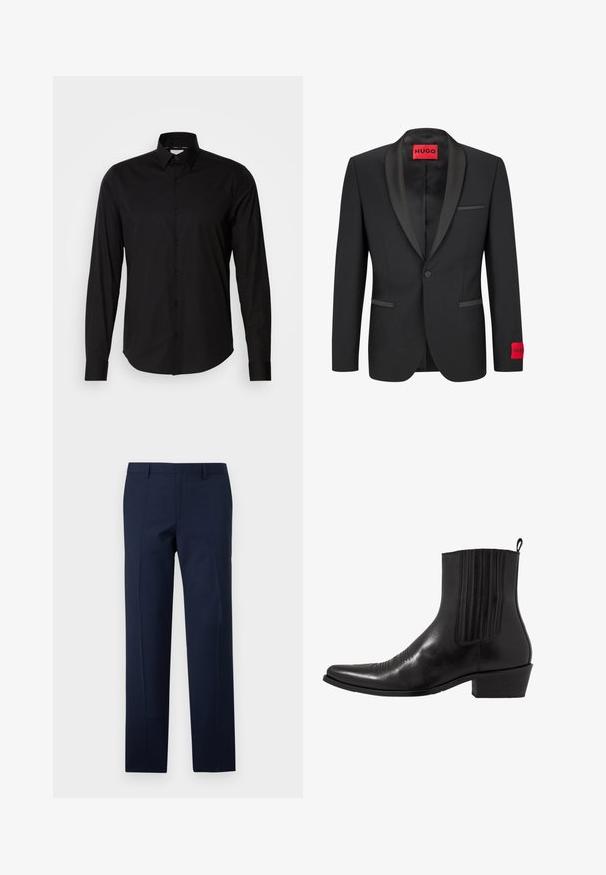 Crni sako s satenskim ovratnikom, zatvaranjem na jedan dugme i dva prednja džepa. Ima crvenu oznaku s logom na lijevoj rukavu.; Crna košulja dugih rukava od glatkog materijala. Ima klasičan ovratnik, dugmeta i ravni rub. Nema uzoraka ni akcenta.; Mornarsko plave hlače s krojem koji pristaje tijelu, s glatkom teksturom, oštrim pregibima i ravnim prednjim dijelom. Skriveni zatvarač.; Crne kožne gležnjače s šiljastim vrhom, elastičnim bočnim panelima, okomitim šavovima i niskom blok petom.