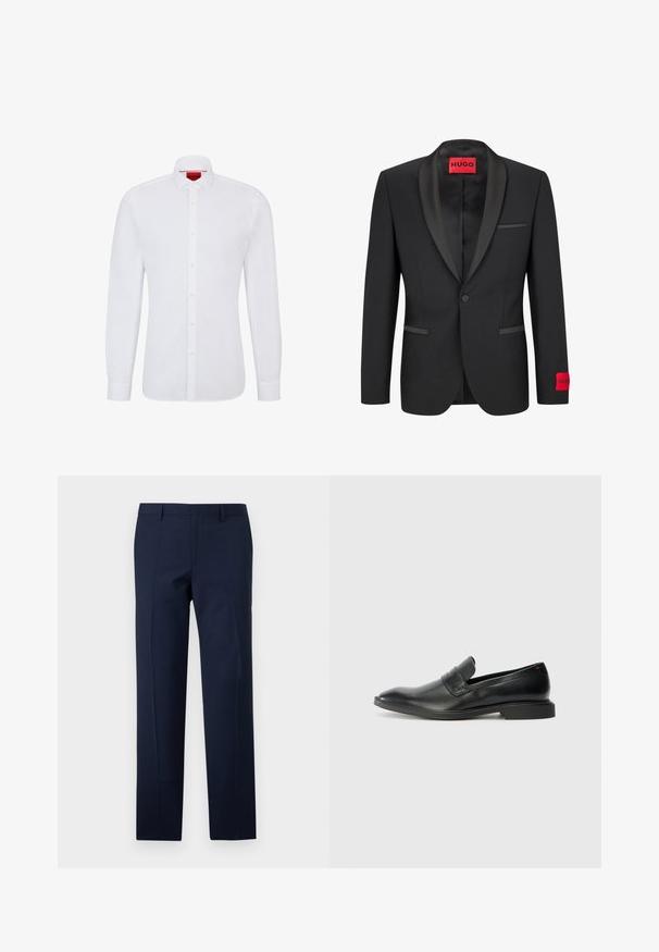 Blazer nero con rever in satin, chiusura con un bottone e due tasche frontali. Presenta un'etichetta del logo rossa sulla manica sinistra.; Camicia bianca a maniche lunghe in cotone con chiusura a bottoni, colletto classico e una texture sottile, con un logo rosso all'interno del colletto.; Pantaloni blu navy con una vestibilità su misura, caratterizzati da una texture liscia, pieghe nette e un design con vita piatta. Chiusura con zip nascosta.; Mocassini in pelle nera con una texture liscia, punta affilata e tacco rettangolare basso. Presentano un dettaglio a fascia orizzontale sulla parte superiore.