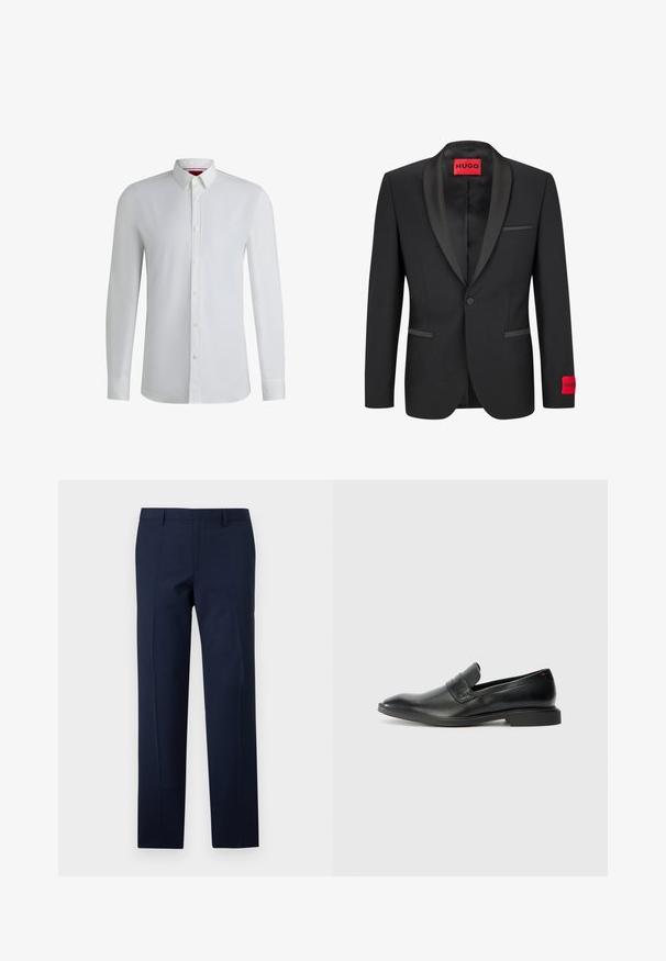 Blazer nero con rever in satin, chiusura con un bottone e due tasche frontali. Presenta un'etichetta del logo rossa sulla manica sinistra.; Camicia bianca a maniche lunghe con colletto a bottoni, caratterizzata da una texture liscia, una vestibilità dritta e un dettaglio sottile lungo la balza anteriore.; Pantaloni blu navy con una vestibilità su misura, caratterizzati da una texture liscia, pieghe nette e un design con vita piatta. Chiusura con zip nascosta.; Mocassini in pelle nera con una texture liscia, punta affilata e tacco rettangolare basso. Presentano un dettaglio a fascia orizzontale sulla parte superiore.