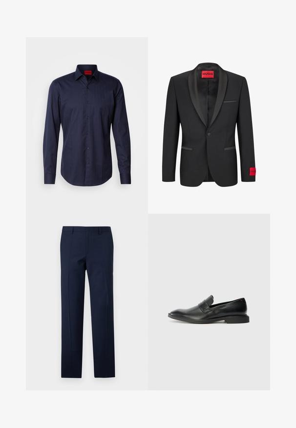 Black blazer with satin peaked lapels, single button closure, and two front pockets. Features red logo label on the left sleeve.; Navy blue long-sleeve shirt with a subtle herringbone pattern, button-down collar, and black buttons. Cotton blend fabric with smooth texture.; Navy blue trousers with a tailored fit, featuring a smooth texture, sharp creases, and a flat front design. Concealed zipper fly closure.; Black leather loafers with a smooth texture, pointed toe, and a low rectangular heel. Features horizontal strap detail across the upper.