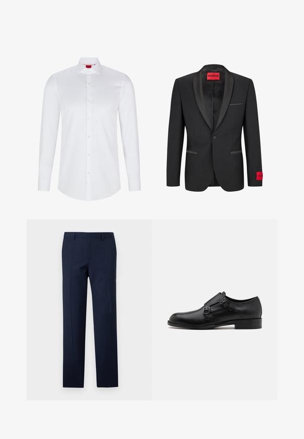 Melns žakets ar satīna uzgaļa atlokiem, viens pogas aizvērums un divas priekšējās kabatas. Uz kreisā piedurknes atrodas sarkans logo marķējums.; Balta garām piedurknēm pogājama krekls, kas izgatavots no gludas kokvilnas. Tam ir klasiskā apkakle, pilns pogu rāmis un noapaļota apakšmala.; Jūras zila bikses ar piegriezumu, tām ir gluda virsma, izteiksmīgas krokas un plakana priekšpuse. Slēpta rāvējslēdzēja aizdare.; Melnas ādas kleitas kurpes ar diviem sprādzēm, elegants siluets un apaļš purngals. Iezīmējas ar zemu papēdi un gludu tekstūru.