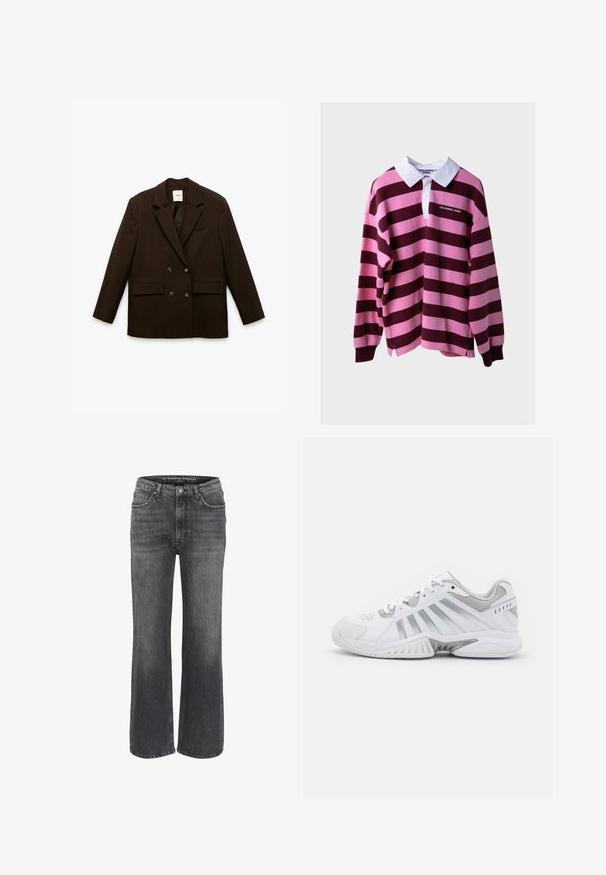 Brązowa marynarka dwurzędowa z klapami o prostokątnym kształcie, przednimi kieszeniami naszytymi i gładką fakturą. Posiada dwa guziki i subtelną wewnętrzną kieszeń.; Koszulka rugby z długim rękawem w szerokie różowe i ciemno-bordowe poziome paski, z białym kołnierzykiem i logo "COLOURFUL REBEL" na piersi.; Jeans typu wide-leg w ciemnoszarym denienie, z klasycznym pięciopocketowym wzorem, przeszyciami oraz zapięciem na guzik w taliji.; Białe buty sportowe z szarymi akcentami, teksturowane panele siatkowe, perforacje wentylacyjne oraz charakterystyczny wzór podeszwy zapewniający przyczepność.