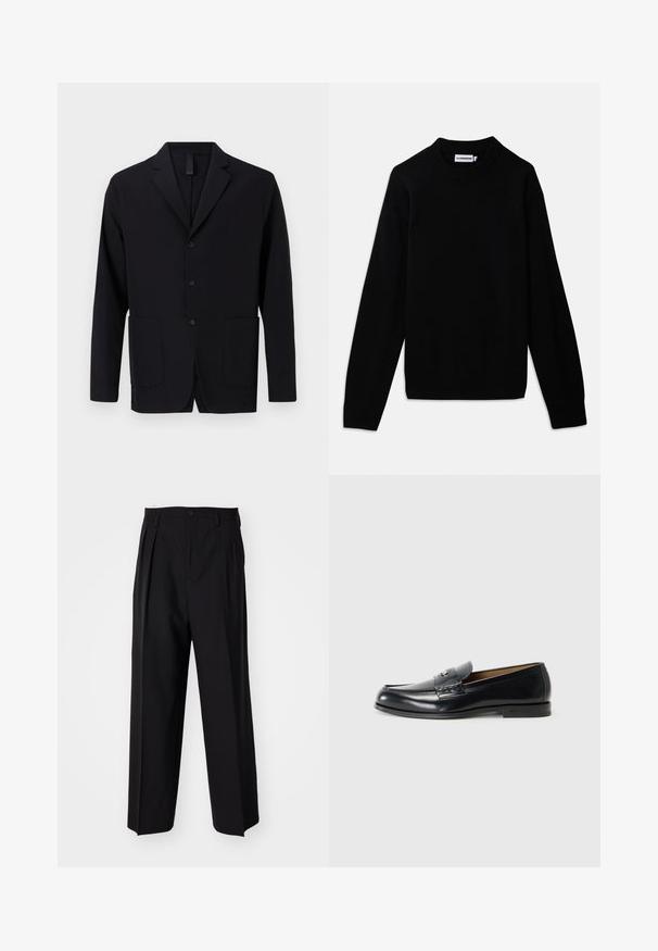 Melnā žakete no gludas auduma, ar iegrieztu apkakli, trim pogām, divām priekšējām kabatām un brīvu piegriezumu.; Melnas džemperis ar ribotu apaļu kakla izgriezumu, garām piedurknēm un teksturētu adījumu. Nav redzamu logo vai dekoratīvu elementu.; Melnas plisētās bikses ar taisnu, plata kāja dizainu. Izgatavotas no gludas auduma, ar pogu aizdari un jostas cilpiņām.; Melnas ādas loafers ar gludu apdari, noapaļotu purngalu, dekoratīvo šuvi un mazu metāla akcentu priekšā.