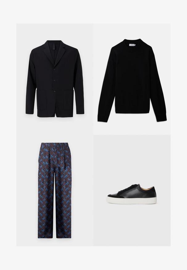 Blazer negro hecho de tejido suave, con solapa muesca, tres botones, dos bolsillos frontales y un corte relajado.; Suéter negro con cuello redondo acanalado, mangas largas y un patrón de punto texturizado. Sin logotipos ni adornos visibles.; Pantalones de pierna ancha en tejido oscuro, con un patrón azul tejido. La cinturilla elástica garantiza comodidad. Textura suave con acentos geométricos.; Zapatilla de piel negra con acentos de ante, puntera redonda, suela plana de goma blanca y texturas contrastantes en el cuerpo y los cordones.