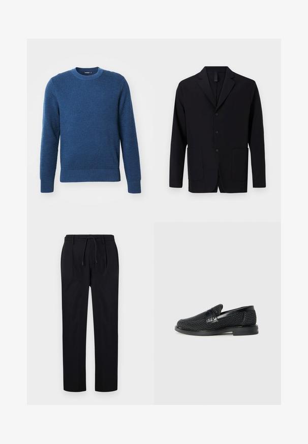 Svart blazer laget av glatt stoff, med notched krage, tre knapper, to frontlommer og en avslappet passform.; Blå strikket genser med rund hals og teksturert mønster, ribbede mansjetter og hem, og en ensfarget design. Laget av et mykt og varmt materiale.; Sorte bukser laget av glatt stoff, med elastisk midje, rette ben og frontplisser for en strukturert look.; Sorte vevde slip-on sko med en glatt lærdetalj på overdelen, design med rund tå og en lavprofil gummisåle.