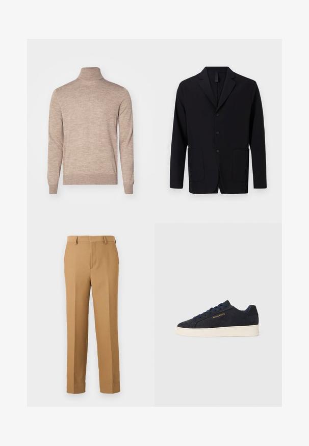 Črn blazer iz gladkega blaga, z izrezanim ovratnikom, tremi gumbi, dvema sprednjima žepoma in sproščenim krojem.; Tiger of Sweden NEVILE - Pulover - beige melange; Bež hlače iz tkanine, s ravnim krojem, ravnim sprednjim delom in pasom za pas. Gladka tekstura brez vidnih vzorcev.; Mornarsko modre semiš nizke superge z belim podplatom, mornarskimi vezalkami in z zlatim logotipom "Filling Pieces" na strani.