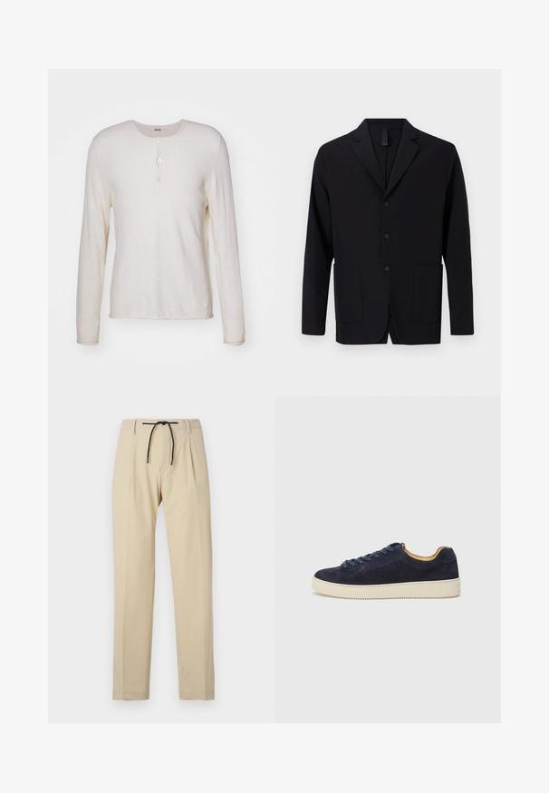 Melnā žakete no gludas auduma, ar iegrieztu apkakli, trim pogām, divām priekšējām kabatām un brīvu piegriezumu.; Ilgi piedurknēm, krēmkrāsas henley krekls, izgatavots no mīksta auduma, ar apaļu kakla izgriezumu, trim pogām priekšpusē un taisnu apakšmalu.; Bēša bikses ar taisnu piegriezumu, ar auklu jostu, krokām priekšpusē un gludu tekstūru. Vienkāršs, daudzpusīgs dizains.; Jūras spēku zamša zemas tenisa kurpes ar noapaļotu purngalu, off-white gumijas zoli un saskaņojošām šņorēm; iekļauj kontrastējošu brūnganu iekšējo izšuvumu.
