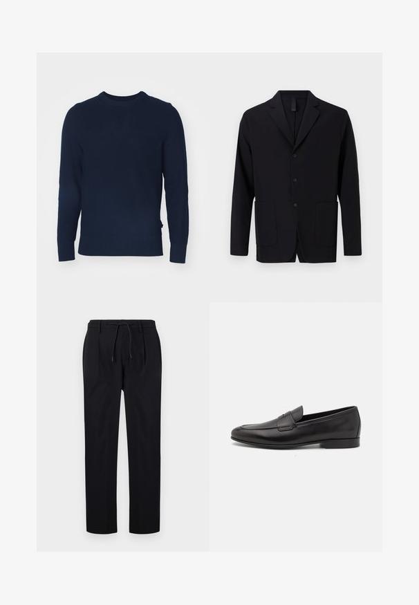 Czarna marynarka wykonana z gładkiego materiału, z wyciętym kołnierzykiem, trzema guzikami, dwiema przednimi kieszeniami oraz luźnym krojem.; Granatowy sweter dziany z okrągłym dekoltem, długimi rękawami, ściągaczami przy mankietach i u dołu, z teksturowanym wzorem na całej powierzchni.; Czarne spodnie wykonane z gładkiego materiału, z elastycznym paskiem w talii, prostymi nogawkami oraz plisami z przodu, co nadaje im strukturalny wygląd.; Czarne skórzane męskie loafersy z niskim obcasem i klasycznym paskiem penny, przedstawione w profilu bocznym na białym tle.