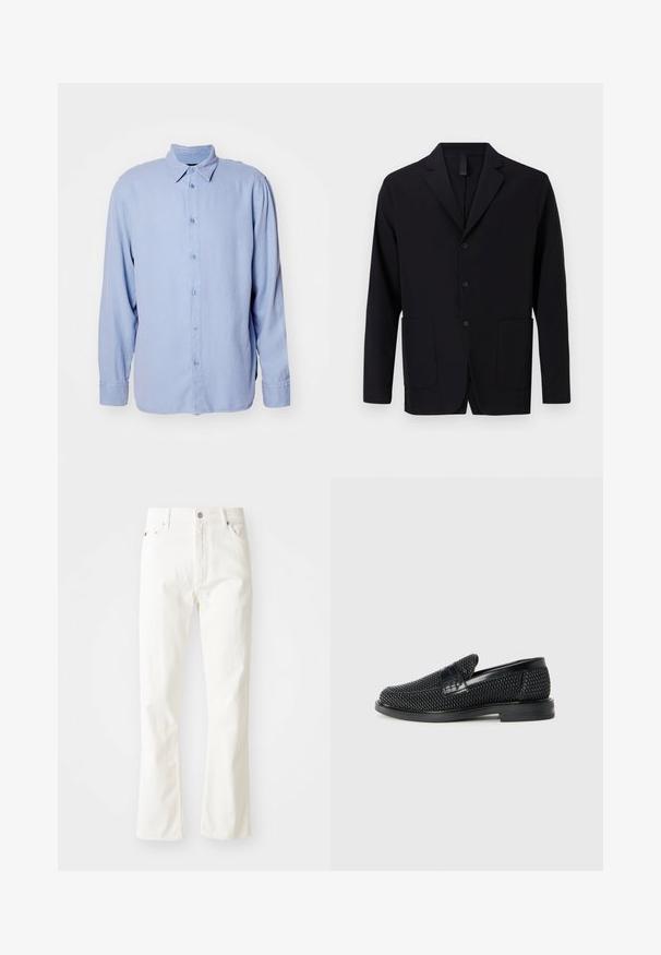 Čierny blejzer vyrobený z hladkej látky, so zárezovým golierom, tromi gombíkmi, dvoma prednými vreckami a voľným strihom.; Svetlomodrá košeľa na gombíky vyrobená z mäkkej tkaniny s klasickým golierom, dlhými rukávmi a predným zapínaním na gombíky. Minimalistický dizajn, bez vzorov.; Biele riflové nohavice s rozšírenými nohavicami a vysokým pásom, predné vrecká a strieborné kovanie. Tkanina má hladkú textúru s jemnými švovými detailmi.; Čierne tkané slip-on topánky s hladkým koženým akcentom na vrchnej časti, s okrúlym dizajnom špičky a nízkoprofilovou gumovou podrážkou.