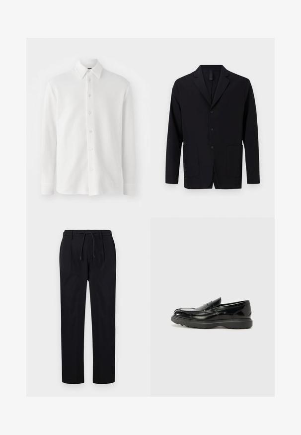 Blazer nero realizzato in tessuto liscio, con colletto a rever, tre bottoni, due tasche frontali e una vestibilità rilassata.; Camicia bianca con bottoni in tessuto testurizzato. Presenta un colletto classico, maniche lunghe e sei bottoni frontali. Design morbido e leggero.; Pantaloni neri in tessuto liscio, con vita regolabile, gambe dritte e pieghe frontali per un aspetto strutturato.; Mocassino in pelle nera con finitura lucida, punta arrotondata, dettagli di cucitura sottili e suola in gomma spessa per una maggiore durata.