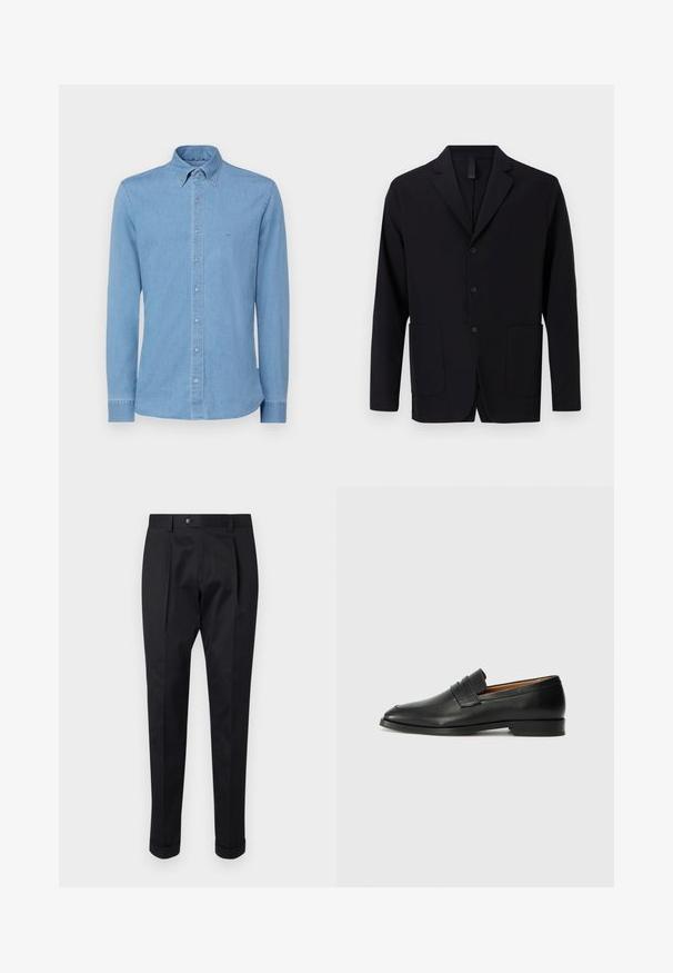 Blazer nero realizzato in tessuto liscio, con colletto a rever, tre bottoni, due tasche frontali e una vestibilità rilassata.; Camicia in denim azzurro chiaro con maniche lunghe, colletto a punta e chiusura frontale con bottoni. Presenta un discreto logo ricamato sul petto.; Pantaloni neri realizzati in un tessuto liscio, con una piega sul davanti, chiusura con bottone e risvolti alla caviglia.; Mocassino in pelle nera con punta arrotondata, dettagli cuciti sottili e tacco basso, caratterizzato da una texture liscia e un design minimalista.