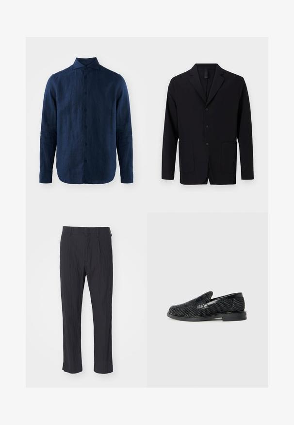 Blazer nero realizzato in tessuto liscio, con colletto a rever, tre bottoni, due tasche frontali e una vestibilità rilassata.; Camicia a maniche lunghe in lino blu navy con colletto a punta, chiusura anteriore con bottoni e tessuto texturizzato. Orlo arrotondato e polsini con bottoni.; Pantaloni neri plissettati con tessuto testurizzato, caratterizzati da un design a gamba dritta e una vita standard. Senza tasche visibili o componenti metallici.; Scarpa nera a mocassino intrecciata con un accentuato in pelle liscia sulla parte superiore, design a punta rotonda e suola in gomma a profilo basso.